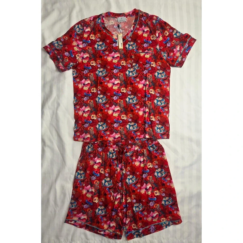 Cosabella Bella Mens Printed SS Top Short PJ Set Faded Rose Andaman Sea Large